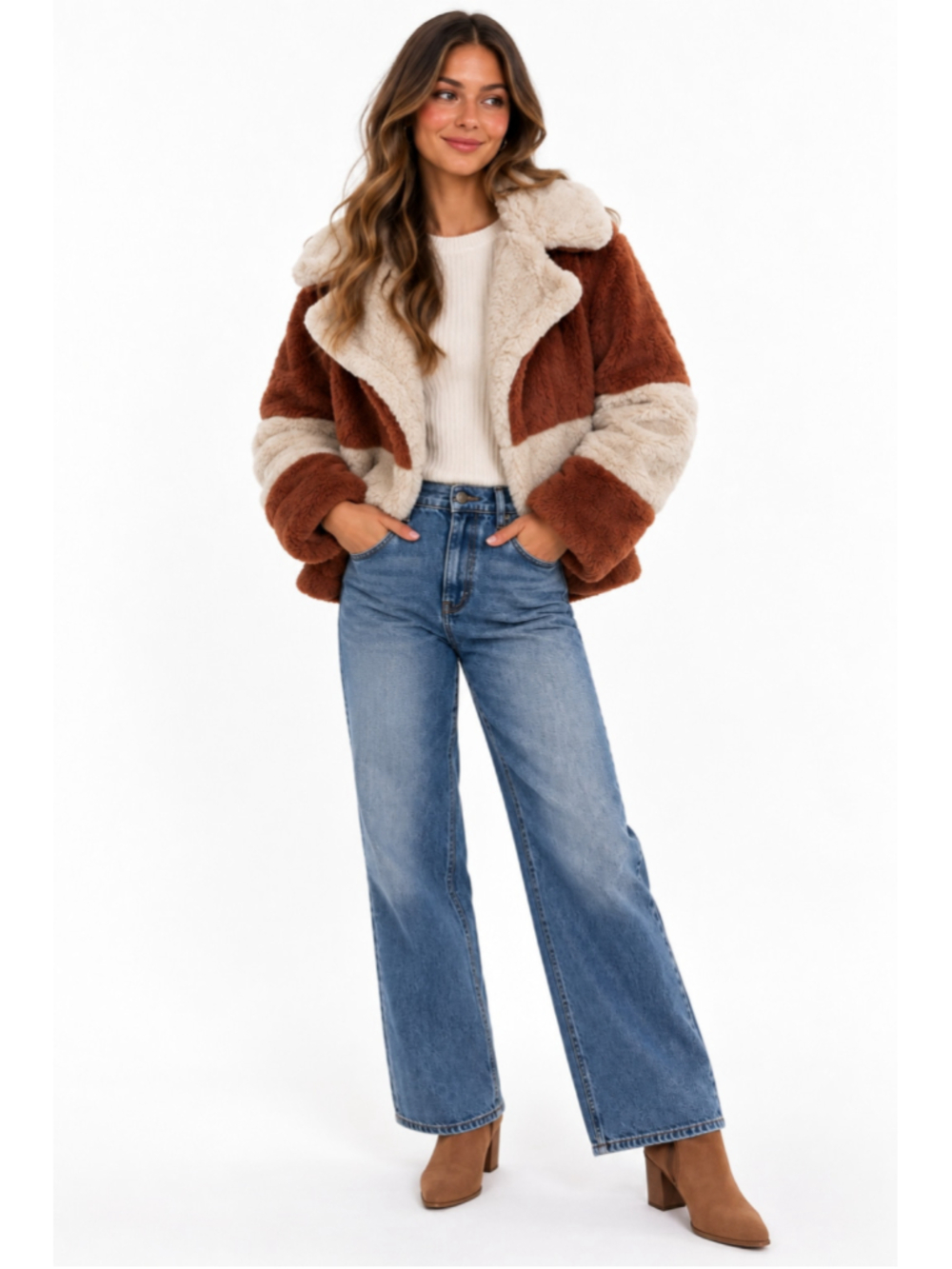 Time and Tru Colorblock Teddy Sherpa Coat Rust Cream Size S 4-6